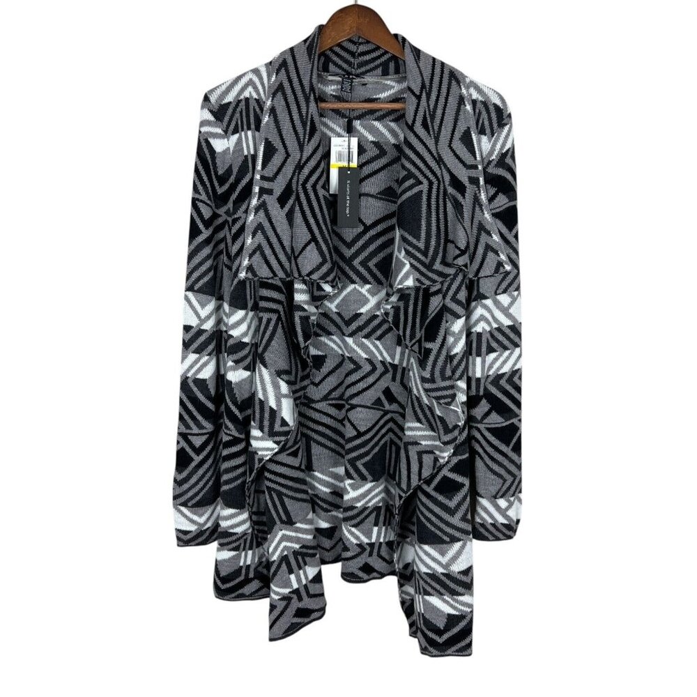 Cable & Gauge Cardigan Sweater Womens Medium Black Gray Aztec‎ Open Front Draped
